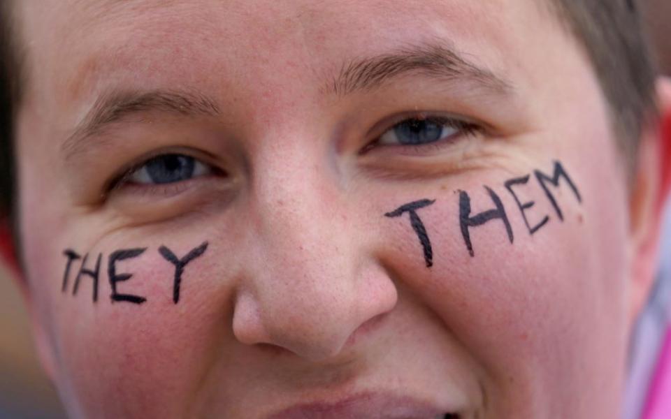 Zee Kilpack is photographed at a rally where hundreds gathered in support of transgender youth at the Utah State Capitol Jan. 24 in Salt Lake City. Utah lawmakers on Jan. 27 gave final approval for a measure that would ban most transgender youth from receiving gender-affirming health care like surgery or puberty blockers.. (AP/Rick Bowmer)