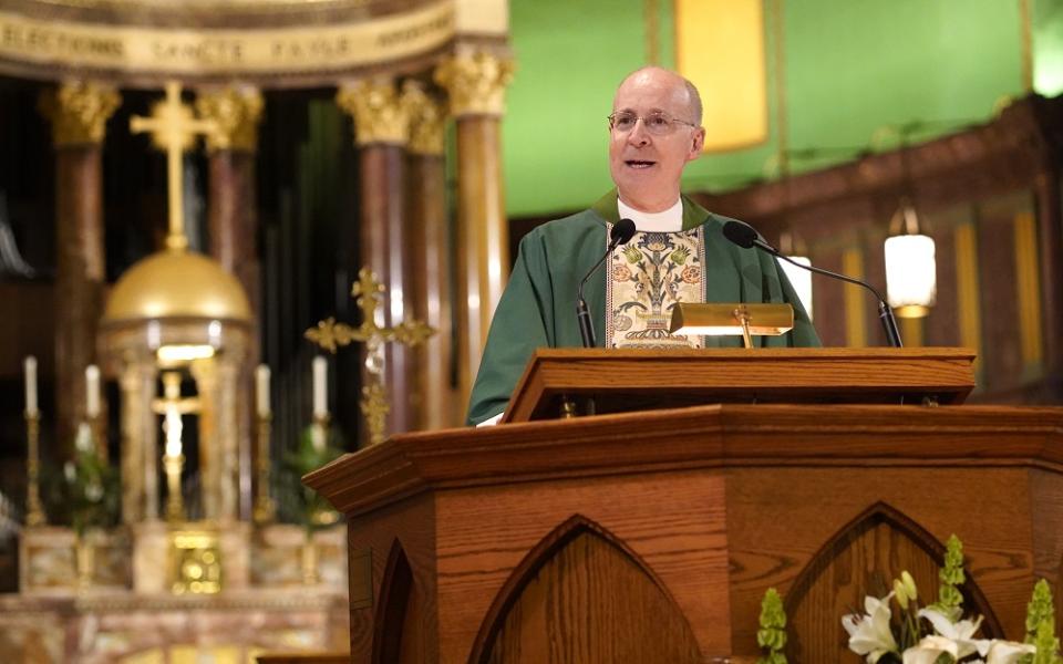 Jesuit Father James Martin delivers the homily during the closing Mass for the Outreach LGBTQ Catholic Ministry Conference at the Church of St. Paul the Apostle in New York City June 18, 2023.