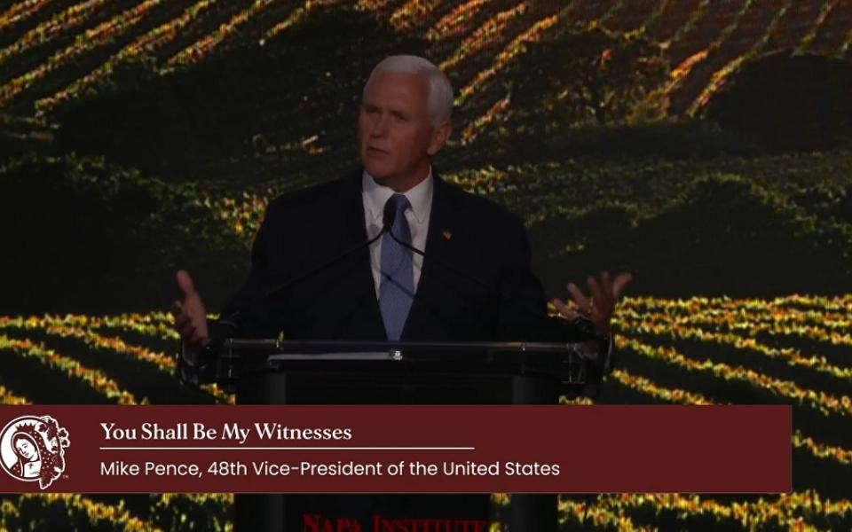 Former Vice President Mike Pence addresses the Napa Institute conference July 27 in Napa Institute. Screenshot by NCR.