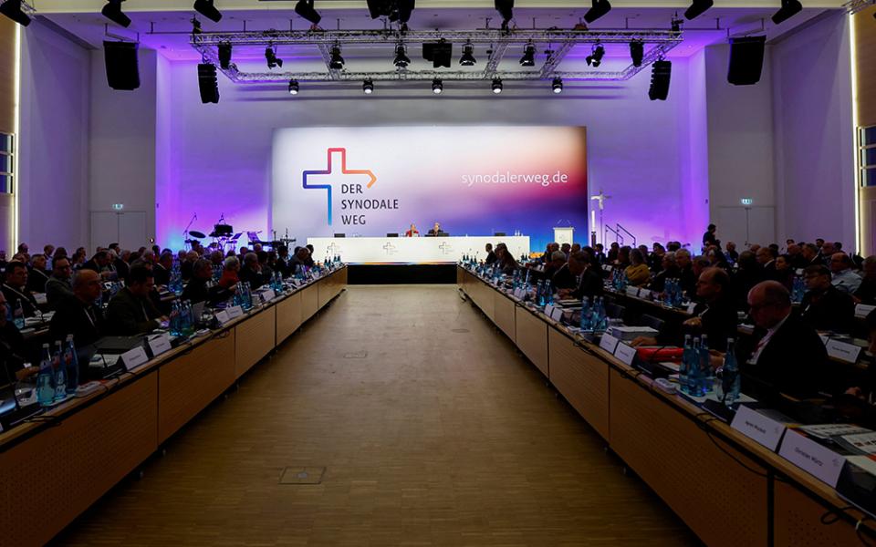 Irme Stetter-Karp, president of the Central Committee of German Catholics and co-chair of the Synodal Path, and Bishop Georg Bätzing, president of the German bishops' conference, attend the fifth synodal assembly March 9 in Frankfurt. (OSV News/Reuters/Heiko Becker)