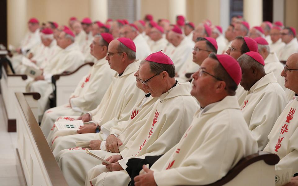 Bishops attend Mass at the Basilica of the National Shrine of the Assumption of the Blessed Virgin Mary Nov. 14, 2022, on the first day of the fall general assembly of the U.S. Conference of Catholic Bishops in Baltimore. (OSV News/Bob Roller)