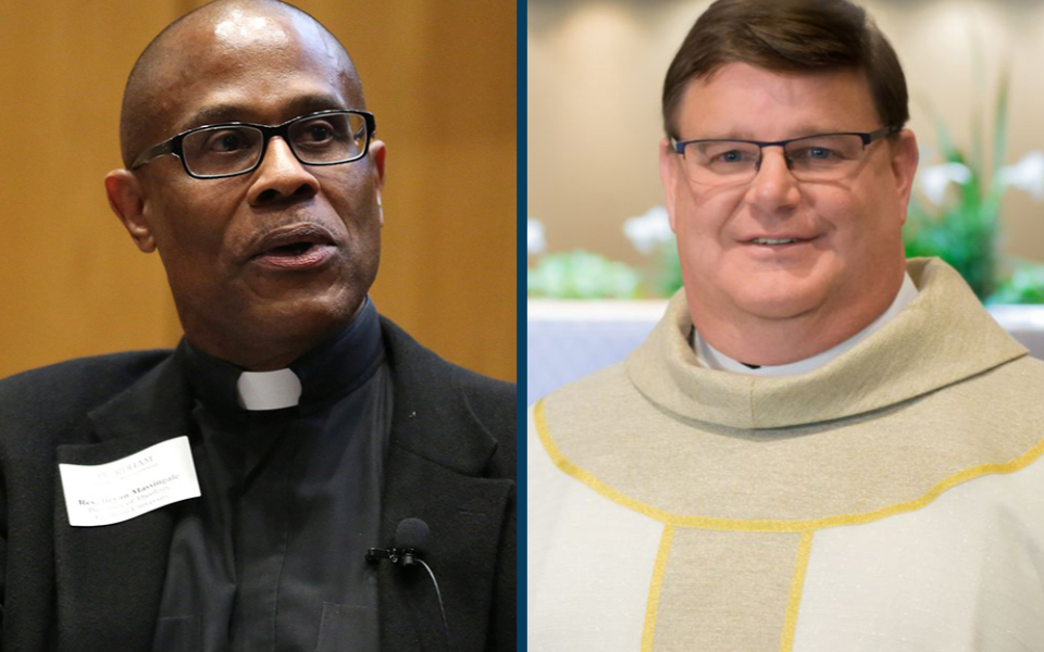 Fr. Bryan Massingale, left, and Fr. Greg Greiten are pictured in 2017 photos. (CNS/Fordham University/Bruce Gilbert; Courtesy of Greg Greiten)