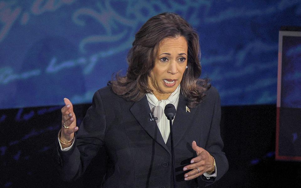 U.S. Vice President and Democratic presidential candidate Kamala Harris speaks during the first presidential debate with Republican presidential nominee and former President Donald Trump at the National Constitution Center in Philadelphia Sept. 10. (OSV News/Reuters/Brian Snyder)