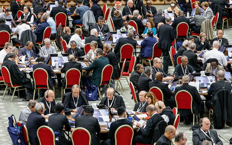 Synod members attend the morning session in the Paul VI Audience Hall at the Vatican Oct. 15. (CNS/Lola Gomez)