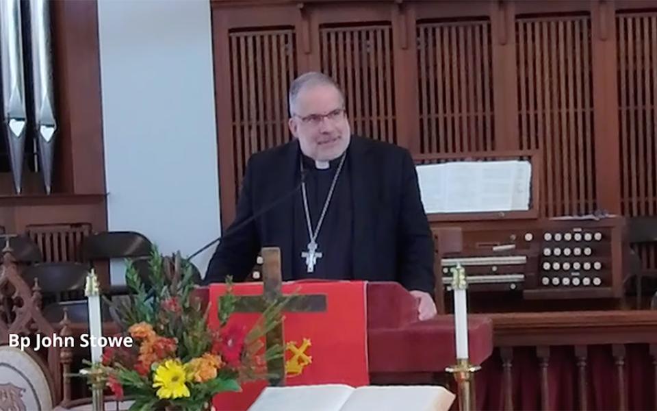 Bishop John Stowe of Lexington delivers a keynote address at the annual assembly of the Kentucky Council of Churches, which was held Oct. 17 at First United Methodist Church in Frankfort, Kentucky. (NCR screenshot/Facebook/The Kentucky Council of Churches)