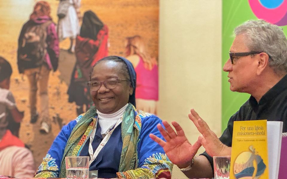 Sr. María Suyapa Cacho Álvarez, left, and Fr. Francisco Hernández speak on a panel about Afro-descendants and the synod on synodality Oct. 8 at the Centro Internazionale San’t Alberto in Rome. The event, sponsored by Amerindia, brought together prominent speakers like Cacho, a Daughter of Charity of St. Vincent de Paul, to tackle topics of justice and peace with a “Latin American-Caribbean” expression. (GSR photo/Rhina Guidos) 