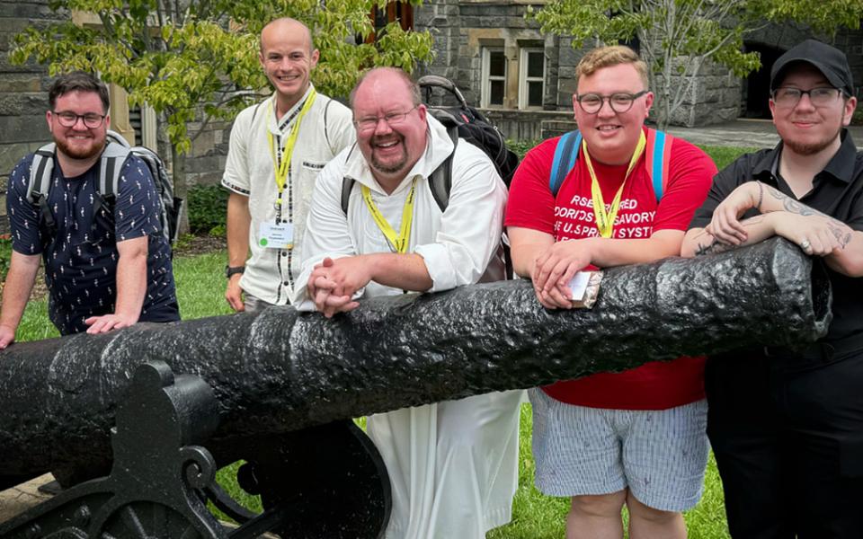 Pictured from left to right are: George White, James Pawlowicz, Br. Christian Matson, and two other fellow members of Matson's informal group for transgender men seeking religious life. (Courtesy of Greg Walton)