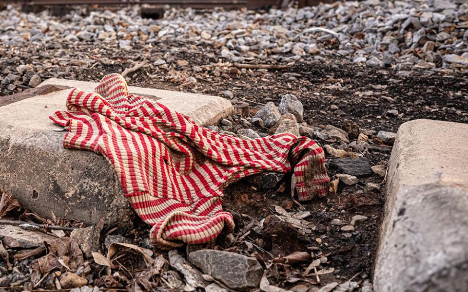 Red-striped sweater, between railroad tracks and the banks of Swannanoa River, near Biltmore Village, Dec. 11, 2024 (Darlene O'Dell)