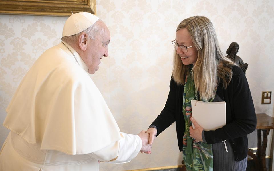 Pope Francis greets Lorna Gold, recently named new executive director of the Laudato Si Movement, during a private audience at the Vatican Jan 30, 2025. (OSV News photo/Vatican Media via CPP)