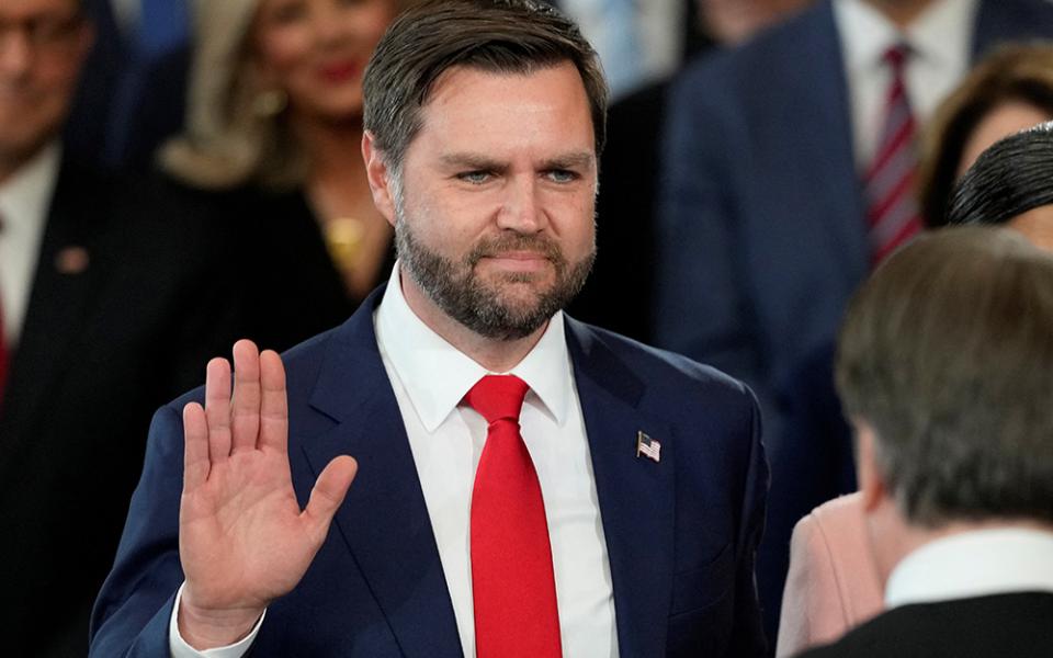 JD Vance is sworn in as vice president by Supreme Court Justice Brett Kavanaugh as Usha Vance holds the Bible during the 60th presidential inauguration in the Rotunda of the U.S. Capitol Jan. 20 in Washington. (OSV News/Julia Demaree Nikhinson, Pool via Reuters)