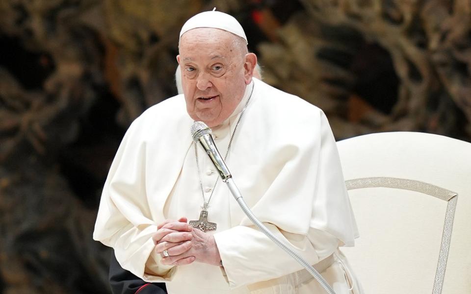 Pope Francis begins his weekly general audience in the Paul VI Audience Hall at the Vatican Feb. 5, 2025. (CNS/Lola Gomez)