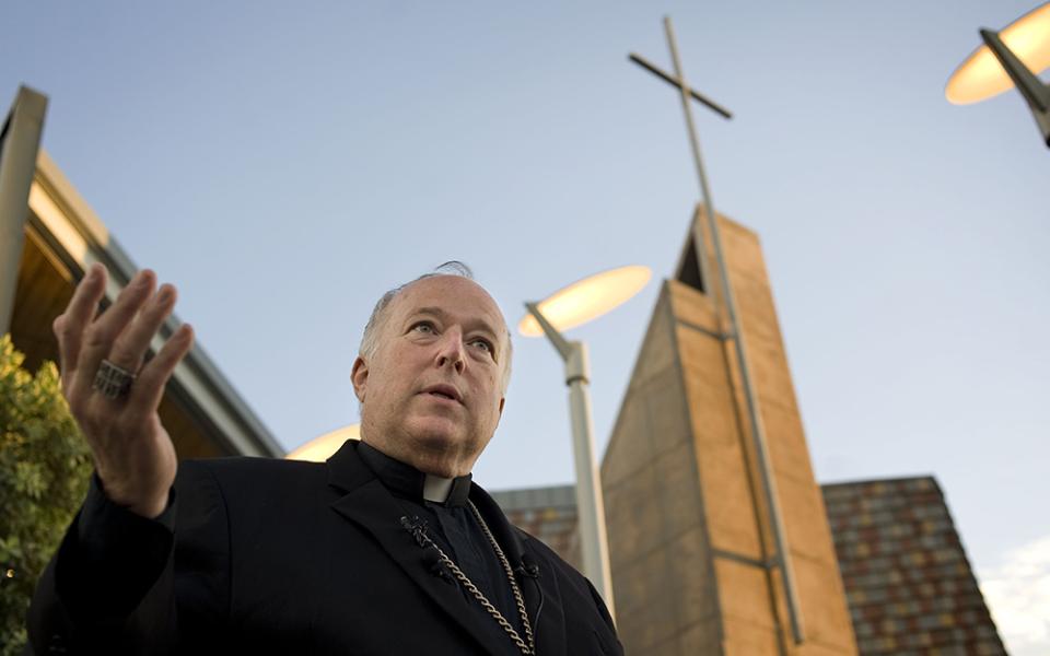 San Diego Bishop Robert McElroy speaks to reporters before a public gathering Oct. 1, 2018 at Our Mother of Confidence Parish Hall in San Diego. McElroy conducted the first of eight sessions he was to hold throughout the diocese to listen to the public about the issue of clergy sexual abuse. More than 300 people participated in the session and the overflow crowd was asked to attend the next session planned for Oct. 3. (CNS/David Maung)