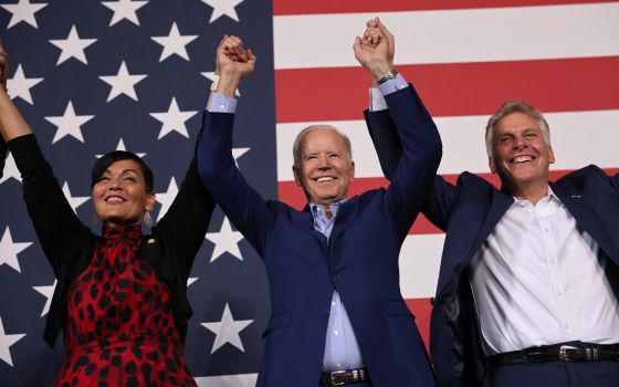 President Joe Biden participates in a campaign event at Lubber Run Park in Arlington, Va., July 23 with Hala Ayala, Democratic nominee for Virginia lieutenant governor, and Terry McAuliffe, Democratic nominee for governor. (CNS/Evelyn Hockstein)