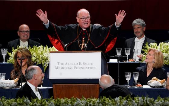 New York Cardinal Timothy M. Dolan gestures as he brings the 77th annual Alfred E. Smith Memorial Foundation Dinner to a close at the Park Avenue Armory in New York City Oct. 20, 2022. Dolan turns 75 in February 2025. (CNS/Gregory A. Shemitz)