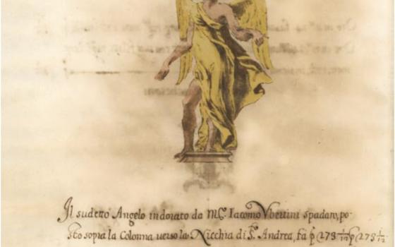 Manuscript page with text and illustration of an angel