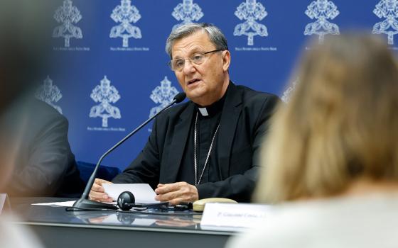Cardinal Mario Grech, secretary-general of the synod, speaks during a news conference at the Vatican July 9, 2024, to present the working document for the second assembly of ongoing the Synod of Bishops. (CNS/Lola Gomez)