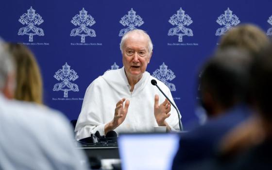 Dominican Fr. Timothy Radcliffe, spiritual adviser to the assembly of the Synod of Bishops, speaks during a briefing at the Vatican Oct. 27, 2023. 