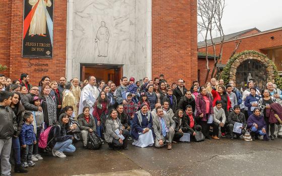 Participants in the Portland Archdiocese's gathering as part of the V Encuentro process pose on Jan. 27, 2018, outside of St. Joseph's Church in Salem, Oregon, where the meeting took place. The local encuentro attracted some 300 parish leaders who discussed priorities for Hispanic/Latino ministry in western Oregon. (NCR photo/Peter Feuerherd)