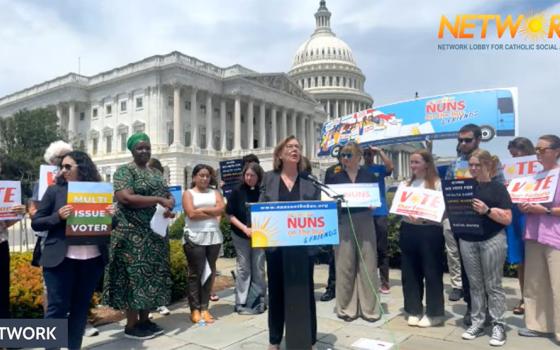 Network Executive Director Mary Novak speaks at a press conference in Washington, D.C., July 23 announcing the return of the social justice lobby's Nuns on the Bus tour. (GSR screenshot)