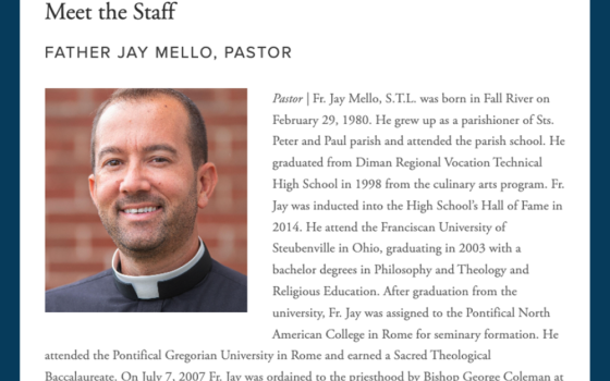 Fr. Jay Mello, pastor of St. Michael and St. Joseph parishes in the Diocese of Fall River, Massachusetts, is pictured on the staff page of St. Joseph's website. He has been placed on administrative leave after allegations of sexual misconduct involving an adult. (NCR screenshot/stjosephschurchfr.com)