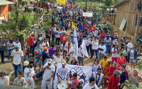The scene from a rooftop at a May 6, 2023, protest in Curitiba, southern Brazil state of Paraná, where Fr. Joaquim Parron and his order of the Redemptorist Fathers joined in solidarity with homeless families (RNS/Courtesy of Joaquim Parron)