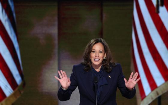 Democratic presidential nominee and U.S. Vice President Kamala Harris takes the stage during the Democratic National Convention at the United Center in Chicago on Aug. 22. (OSV News/Reuters/Mike Segar)