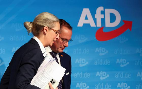 Co-leaders Alice Weidel and Tino Chrupalla of the Alternative for Germany party hold a press conference in Berlin Sept. 2, 2024, after state elections in the Saxony and Thuringia regions of eastern Germany. (OSV News/Reuters/Lisi Niesner)