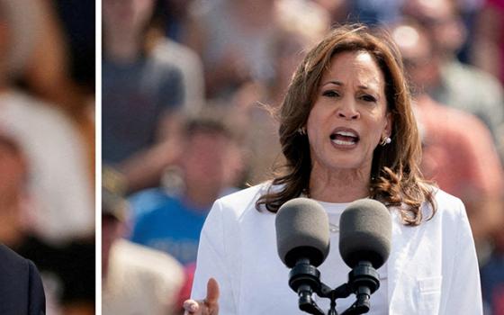 A combination photo shows Republican presidential nominee and former President Donald Trump speaking during a campaign rally in Atlanta Aug. 3, and Democratic presidential candidate Vice President Kamala Harris speaking during a campaign event in Eau Claire, Wisconsin, Aug. 7. (OSV News/Umit Bektas/Erica Dischino, Reuters)