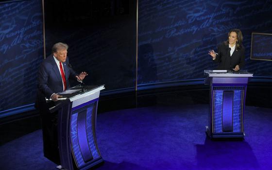 Republican presidential nominee and former U.S. President Donald Trump, and Democratic presidential candidate and U.S. Vice President Kamala Harris, take part in the presidential debate at the National Constitution Center in Philadelphia Sept. 10, 2024. (OSV News/Reuters/Brian Snyder)