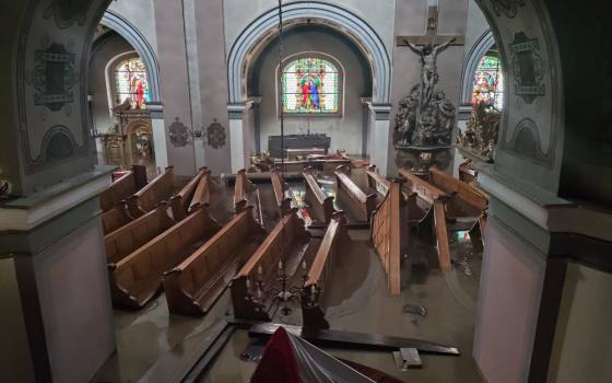 A historic Franciscan Baroque monastery is seen flooded Sept. 15, 2024, in Klodzko, Poland, as southwestern Poland suffered disastrous floods after torrential rains caused by Storm Boris. On the outside, the walls of the property were damaged, and inside, water flooded pews, altar, causing damage estimated at $3.5 million. (OSV News photo/courtesy Franciscans in Klodzko)