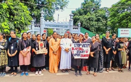 Apostolic Carmel Sr. M. Rashmi (center, in white habit), principal of the Patna Women's College in the eastern Indian state of Bihar, joins her students to demand justice for a rape and murder victim in Kolkata. (Courtesy of M. Rashmi)