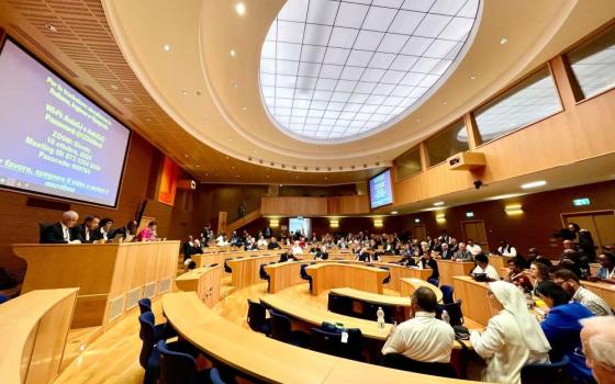 Participants take part in a theological and pastoral forum organized by the General Secretariat of the Synod Oct. 9 at the Jesuit Curia in Rome. (NCR photo/Camillo Barone)  