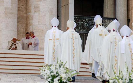 Bishops process toward the altar in St. Peter's Square during Mass with Pope Francis for the opening of the Synod of Bishops on synodality at the Vatican Oct. 2. (CNS/Lola Gomez)