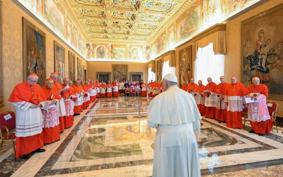 Pope Francis holds a consistory at the Vatican July 1, 2024, with cardinals living in Rome to approve the canonization of several sainthood candidates. The pope announced the date for the canonizations will be Oct. 20 for everyone except Blessed Carlo Acutis, whose canonization date is yet to be determined. (CNS photo/Vatican Media)