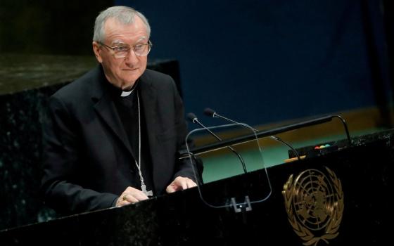 Parolin stands at lectern, wearing plain black clerics and pectoral cross.