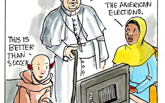 Francis, the comic strip: Brother Leo, Gabby and Francis discuss the importance of a free and fair election. 