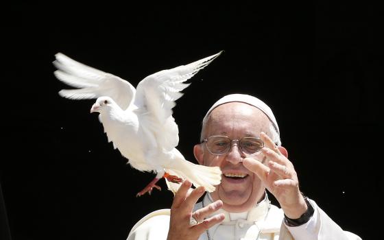 Pope Francis releases a dove outside the Basilica of St. Nicholas after meeting with the leaders of Christian churches in Bari, Italy, July 7. The pope met Christian leaders for an ecumenical day of prayer for peace in the Middle East. (CNS photo/Paul Haring)