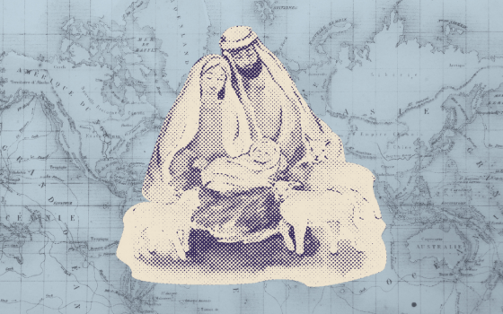 An image of the Holy Family superimposed over a map (GSR illustration/Olivia Bardo)