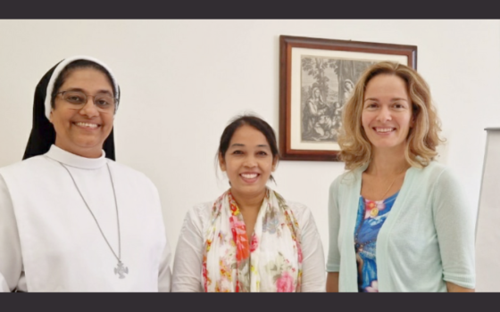 Sr. Sujata Jena, center, is pictured in Rome when she was honored by the Dicastery for Promoting Integral Human Development, with Sr. Christi Thekkumpuram, right, assistant director for the Catholic Sisters Project of the Migrants and Refugee Section of the Vatican, and Francesca Donà, left, regional coordinator of the Asia, Middle East and Oceania Dicastery for Promoting Integral Human Development. (Courtesy of Sr. Sujata Jena)