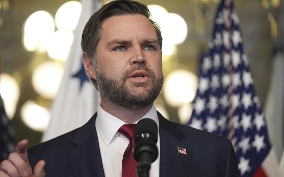 Vice President JD Vance speaks before swearing in Secretary of State Marco Rubio in the Vice Presidential Ceremonial Office in the Eisenhower Executive Office Building on the White House campus, Jan. 21, 2025, in Washington. (AP Photo/Evan Vucci)