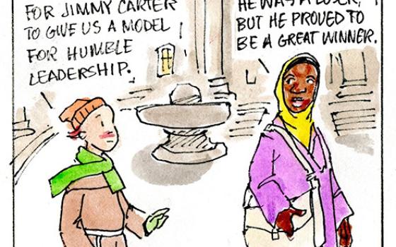 Francis, the comic strip: Brother Leo and Gabby discuss the impact of Jimmy Carter.