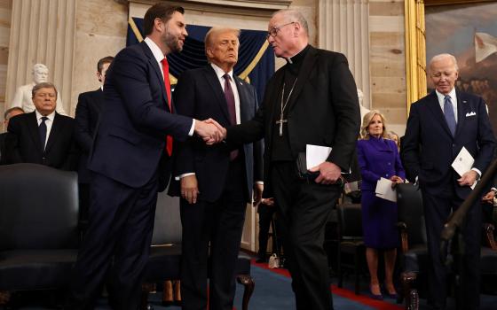 U.S. Vice President-elect J.D. Vance, former U.S. senator from Ohio, and U.S. President-elect Donald Trump greet Cardinal Timothy M. Dolan of New York after he delivered the invocation during inauguration ceremonies in the Rotunda of the U.S. Capitol in Washington Jan. 20, 2025. Trump takes office for his second term as the 47th president of the United States. (OSV News photo/Chip Somodevilla, pool via Reuters)