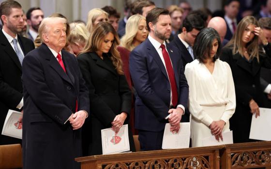 U.S. President Donald Trump, first lady Melania Trump, Vice President J.D. Vance and second lady Usha Vance attend the national prayer service at the Washington National Cathedral Jan. 21, 2025, the day after Trump was sworn in for his second term as the 47th president of the United States. (OSV News photo/Kevin Lamarque, Reuters)