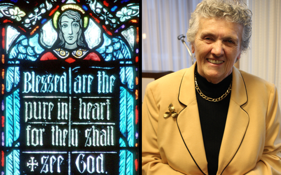 At left, one of the Beatitudes, displayed in a church window; at right, Benedictine Sr. Joan Chittister in 2018 (CNS/Crosiers; NCR photo/Toni-Ann Ortiz)