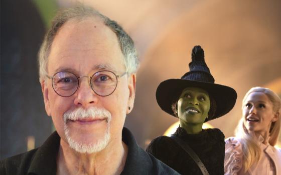 Composite photo of Gregory Maguire, author of the 1995 book titled Wicked: The Life and Times of the Wicked Witch of the West, and the characters Elphaba and Glinda, respectively depicted by Cynthia Erivo and Ariana Grande in the 2024 movie "Wicked."