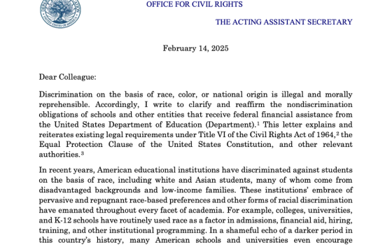 The U.S. Department of Education sent a letter dated Feb. 14 to schools and universities nationwide, demanding schools cease using race in nearly any aspect of student life or "face potential loss of federal funding." (NCR screenshot)