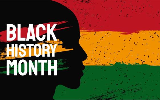 Graphic with face profile against red, orange and green background, emblazoned with words "Black History Month" in white all-caps, non-serif print.