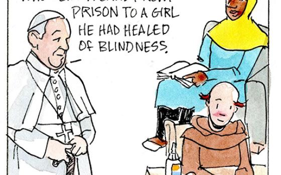 Francis, the comic strip: Francis tells Brother Leo and Gabby the story of St. Valentine.