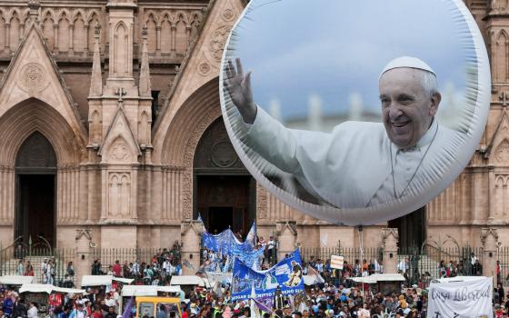  ARGENTINA MASS POPE FRANCIS RECOVERY A balloon with an image of Pope Francis is seen as thousands of worshippers gather to attend a Mass at the Basilica of Lujan in Buenos Aires, Argentina, March 16, 2025, to pray for the pope amid his ongoing treatment for double pneumonia at Rome's Gemelli Hospital, where he was admitted Feb. 14. The Vatican confirmed that the 88-year-old pontiff concelebrated Mass at the hospital chapel March 16. (OSV News photo/Martin Cossarini, Reuters)