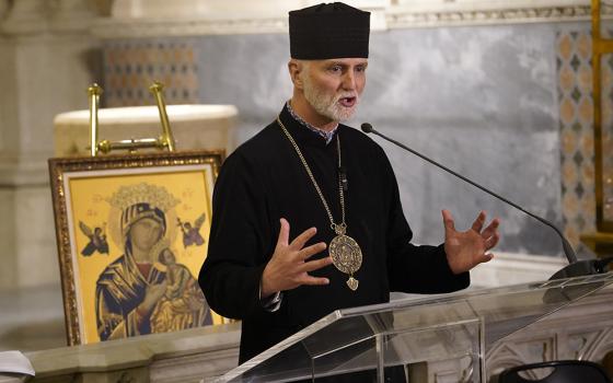 Archbishop Borys Gudziak of the Ukrainian Catholic Archeparchy of Philadelphia speaks during a news conference addressing the state of affairs in war-ravaged Ukraine, on March 24, 2022, at St. Patrick's Cathedral in New York City. (OSV News/Gregory A. Shemitz)